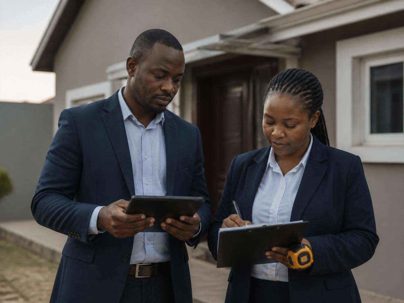 An ethical African property agent and surveyor documenting a home during inspection